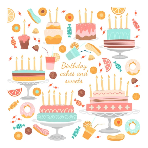 Illustrationen Von Geburtstagstorten Und Süßigkeiten Flachen Stil Isoliertes Bild Auf — Stockvektor