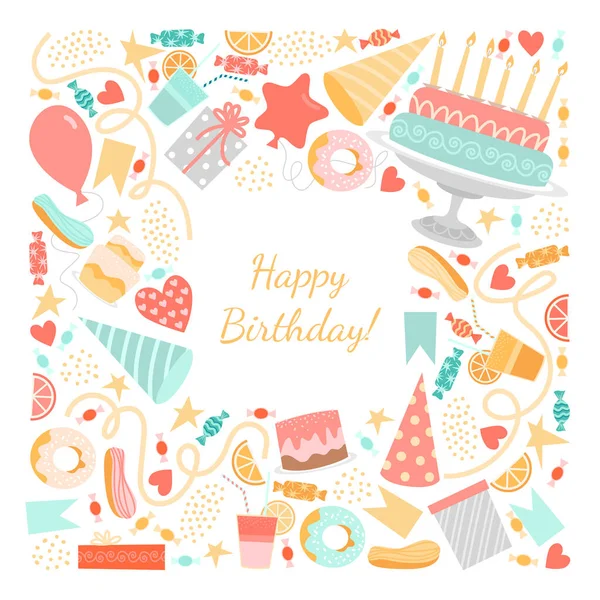 Vector Geburtstagskarte Mit Kuchen Und Kerzen Süßigkeiten Luftballons Und Konfetti — Stockvektor