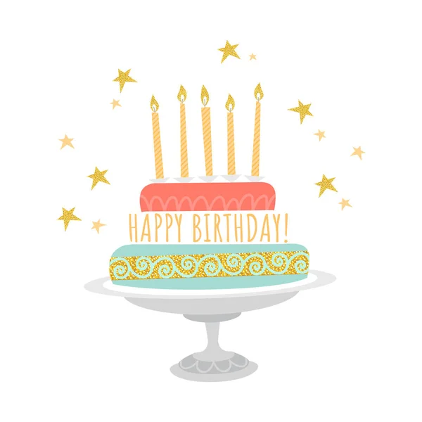 Geburtstagsgrußkarte Mit Kuchen Kerzen Und Goldenen Sternen Vektorbild Flachen Stil — Stockvektor