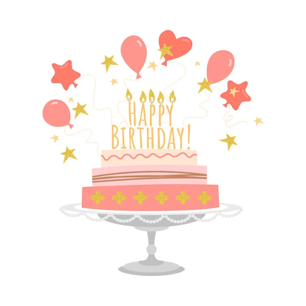 Geburtstagsgrußkarte Mit Kuchen Kerzen Und Luftballons Vektorbild Flachen Stil — Stockvektor