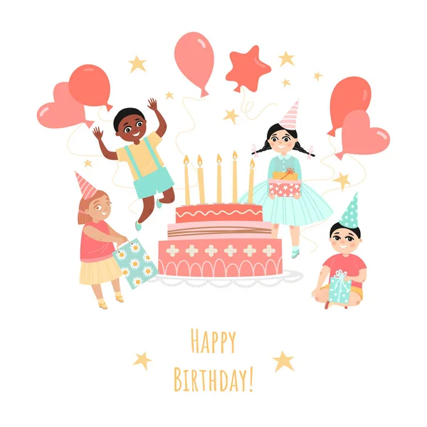 Geburtstagsgrußkarte Mit Fröhlichen Kindern Luftballons Und Kuchen Mit Kerzen Auf — Stockvektor