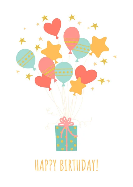 Geburtstagsgrußkarte Mit Geschenkbox Und Luftballons Auf Weißem Hintergrund Mit Goldenen — Stockvektor