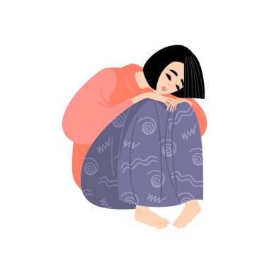 Beyaz arka planda oturan üzgün bir kızın vektör çizimi. Depresyonda olan genç bir kadın. Görüntü düz bir şekilde.