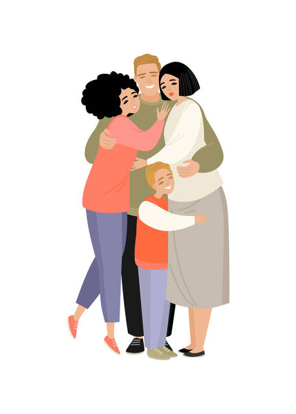 Векторная иллюстрация семьи. Родители и двое детей обнимаются на белом фоне. Изображение в плоском стиле
.