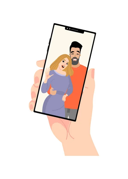 Vector Illustration Hand Holding Smartphone Video Young Couple Screen White — Stock Vector