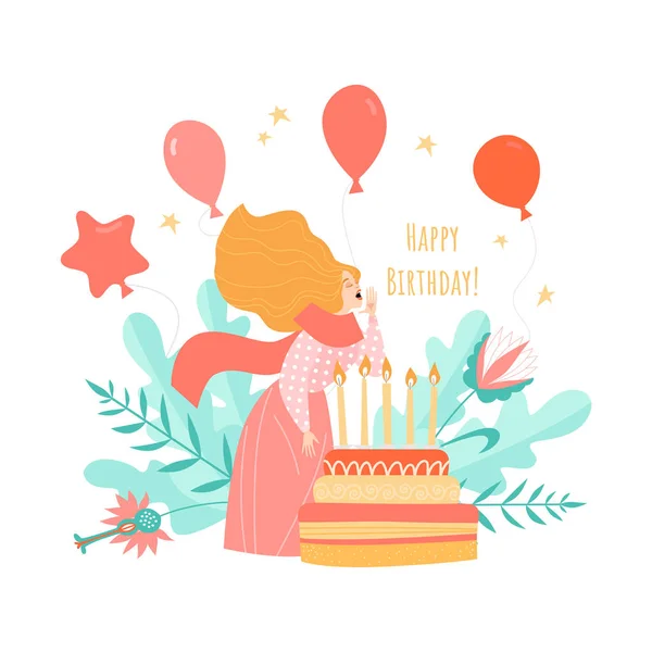 Vector Geburtstagskartenvorlage Mit Kuchen Und Kerzen Und Niedlichem Cartoon Mädchen — Stockvektor