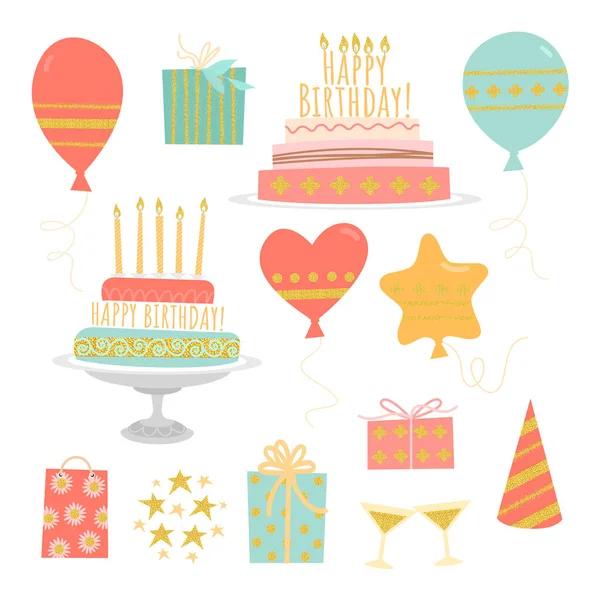 Set Vector Birthday Images Isolated White Background Cakes Candles Gifts — Stock Vector