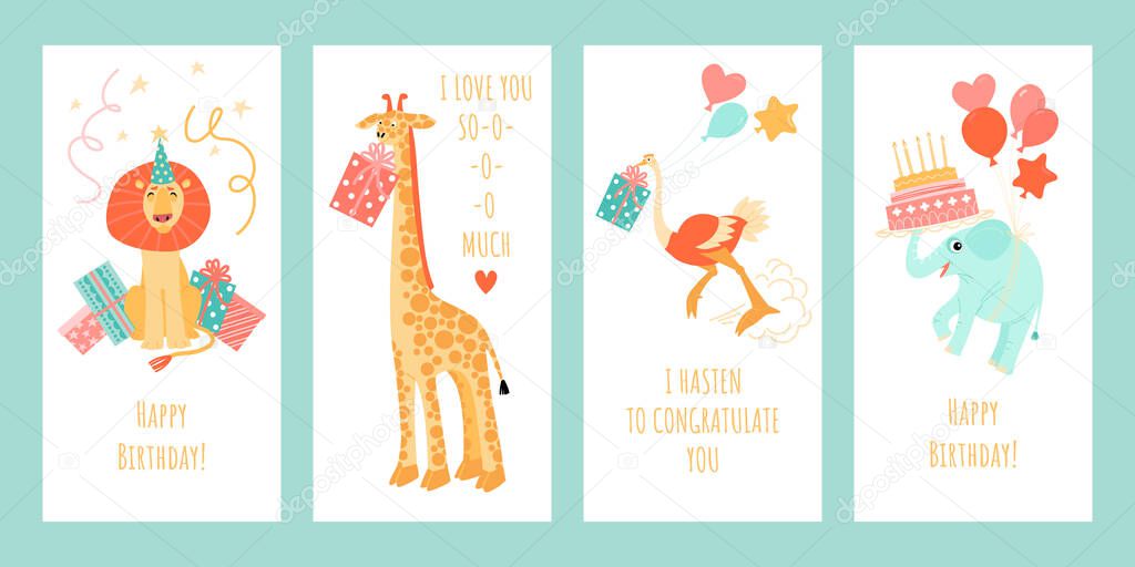 Set of greeting card templates with funny animals. Lion, giraffe, ostrich and elephant on funny birthday banners. Cartoon vector illustration in flat style.