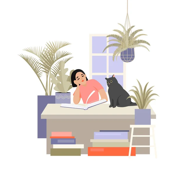 Girl Reading Book While Sitting Table Cat Sitting Next Her — Stock Vector