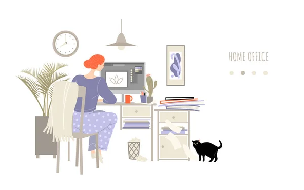 设计者的作品远程 家庭办公室的概念与一个女孩在一个舒适的房间的电脑上工作 白色背景上的扁平画图 — 图库矢量图片
