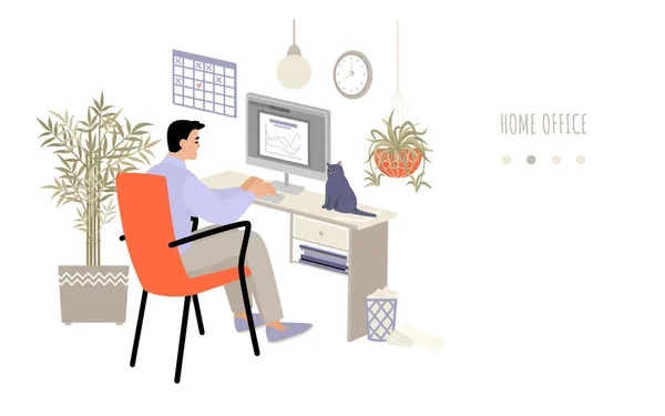 Conceito Home Office Com Homem Trabalhando Computador Uma Sala Acolhedora —  Vetores de Stock
