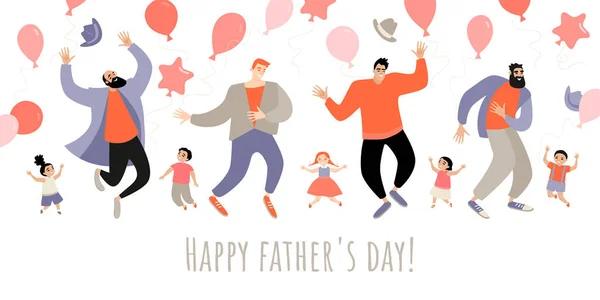 Banner Felicitación Para Día Del Padre Con Papás Divertidos Niños — Vector de stock