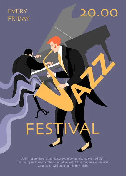 Banner Jazzového Festivalu Saxofonistou Klavíristou Tmavomodrém Pozadí Vektorová Ilustrace Plochém — Stockový vektor