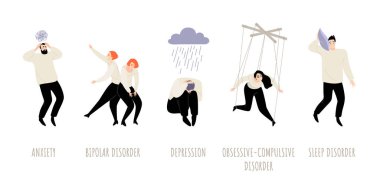 Set of mental health conceptual illustrations. People suffering from personality and sleep disorders, anxiety and obsessive actions. Images in a flat style. clipart
