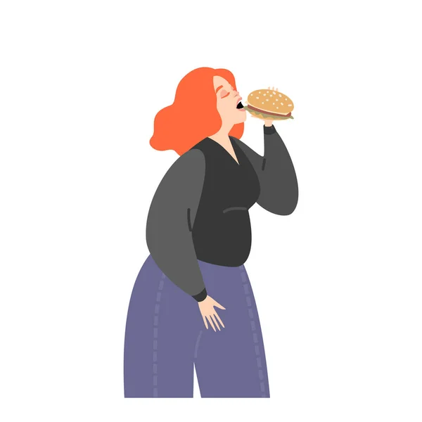 Dziewczyna Nadwagą Jedząca Hamburgera Koncepcja Bulimii Izolowany Obraz Płaskim Stylu — Wektor stockowy