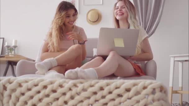 Amici delle giovani donne che si siede con il computer portatile in ... Amici delle giovani donne che si siede con il computer portatile in ...