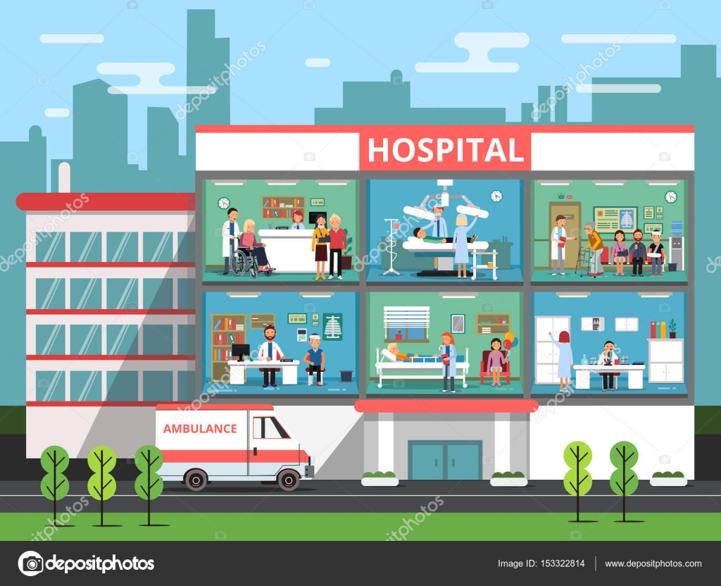 Hospital Rooms With Medical Personnels Doctors And Patients Clinic