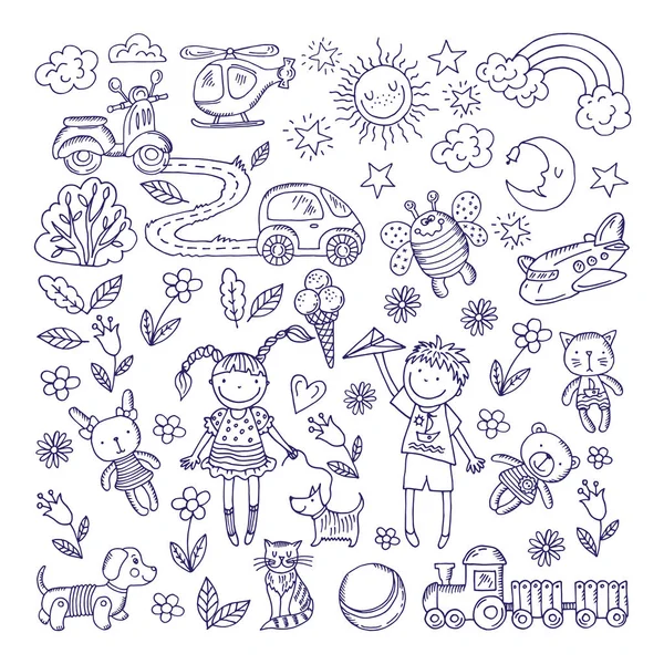 Children dreams. Vector hand drawn illustration of boy and girl. Pets and different toys