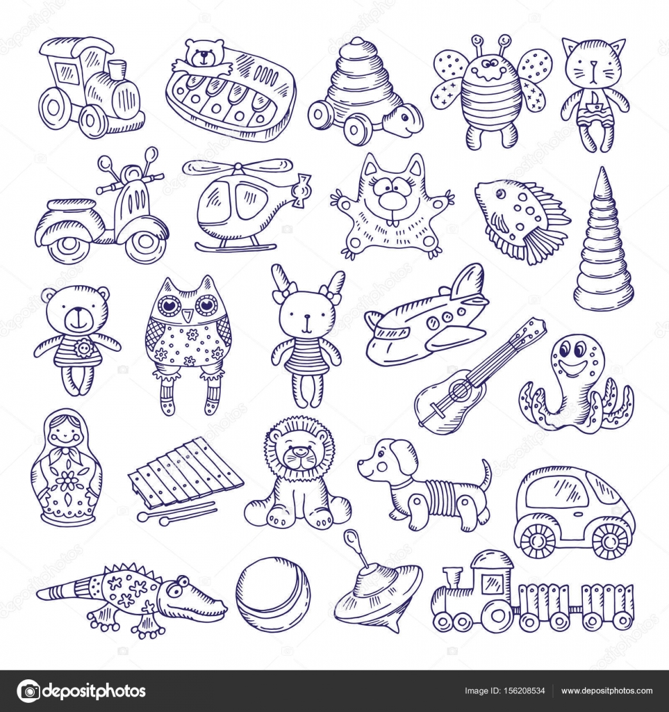 Collezione vintage di giocattoli per il disegno vettoriale Giochi per bambini Illustrazione isolato su