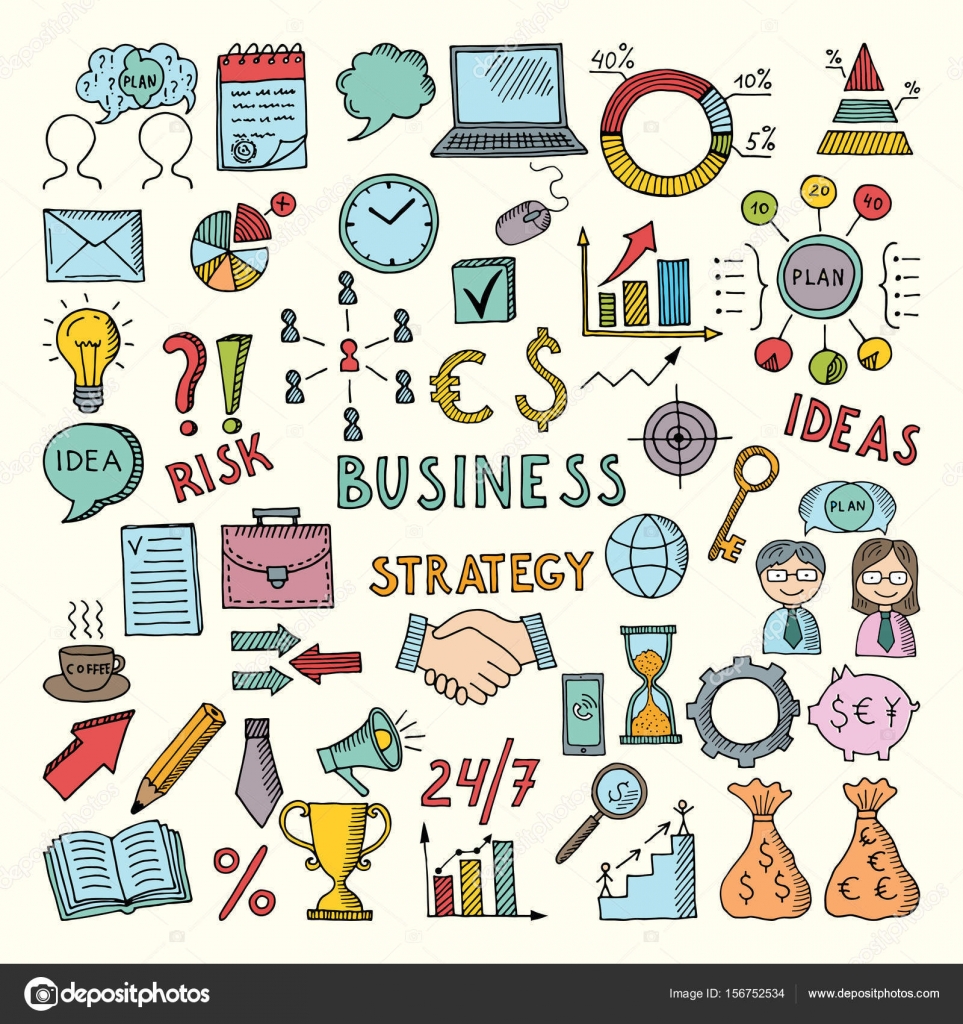 Disegni da colorare illustrazioni di business stile disegnato a mano Doodles di vettore insieme Struttura di piano aziendale lavoro di squadra di