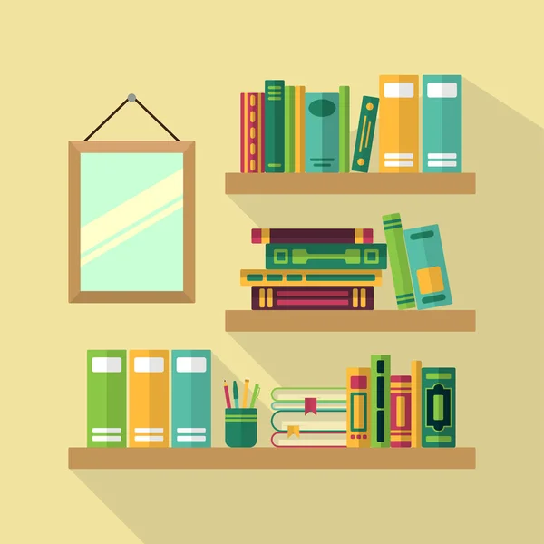 Wood bookshelf in library with different books. Vector illustrations