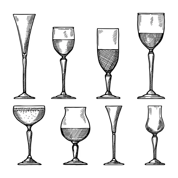 Set of different drinking glasses. Vector hand drawn illustrations Stock Vector