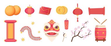 Asian festive elements. Dragon mask, fireworks, drum and scrolls, paper lantern and coins isolated vector set vector Asian festive elements. Dragon mask, fireworks, drum and scrolls, paper lantern and coins isolated vector set vector