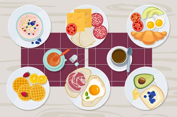 Healthy breakfast. Food daily menu cheese biscuits milk juice eggs butter meal vector cartoon products collection — Stock Illustration Healthy breakfast. Food daily menu cheese biscuits milk juice eggs butter meal vector cartoon products collection Vector Graphics