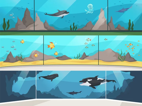 Museum aquarium. Underwater zoo children with parents watching big fishes vector horizontal banner Stock Vector