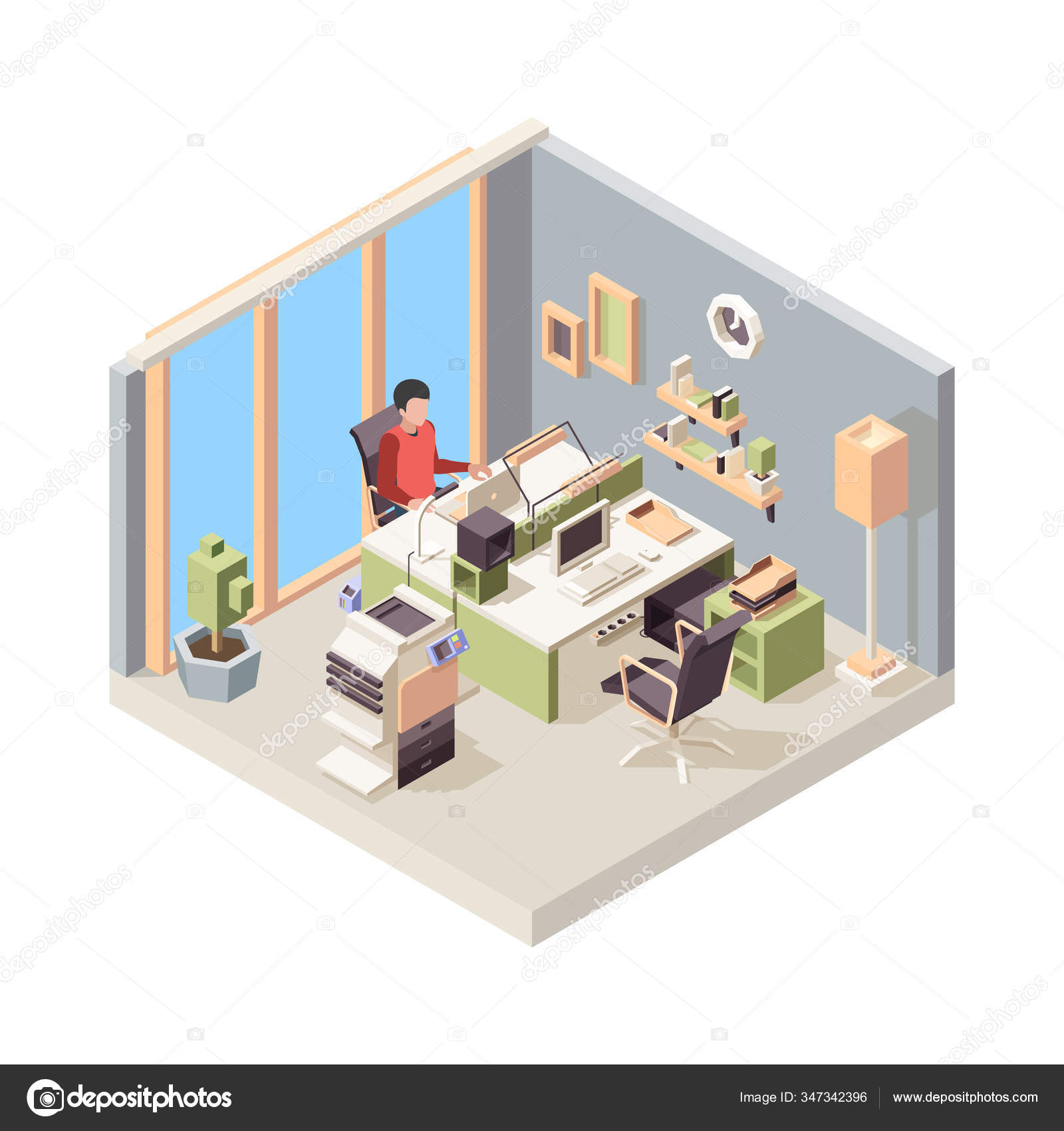 Lugar de trabajo isométrico. Gente hombre de negocios sentado en silla