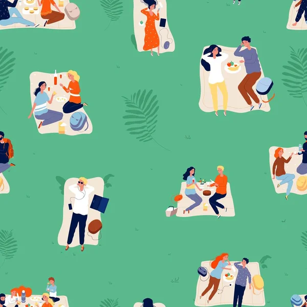 Summer outdoor recreation background. Picnic, couples and family relax. Rest time, seasonal activity in park vector seamless pattern