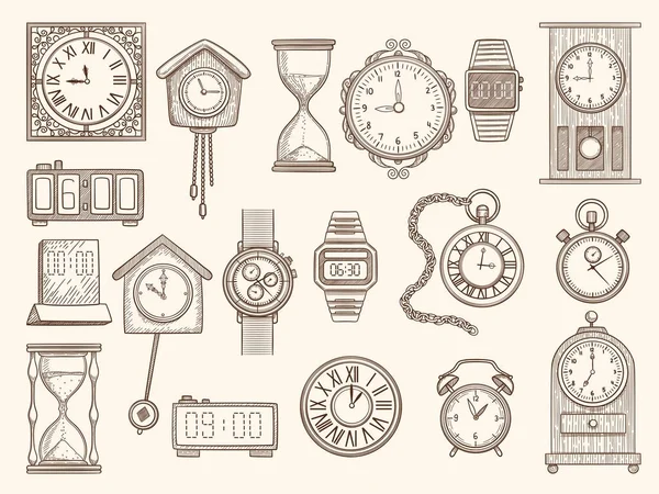 Watches set. Drawing clocks timers alarms vector pictures collection