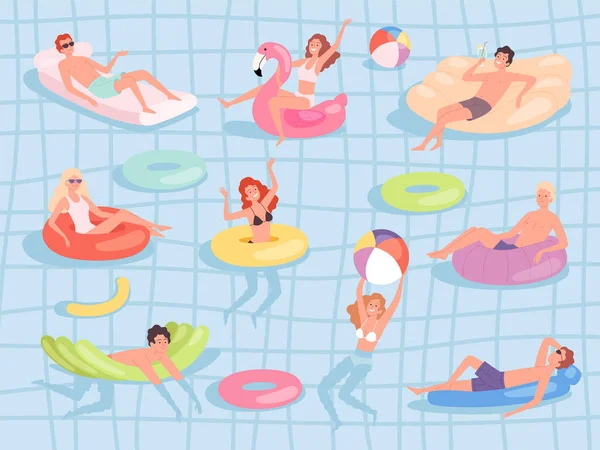 Pool relax people. Male and female characters family floating on rubber mattress in the summer vacation at sea