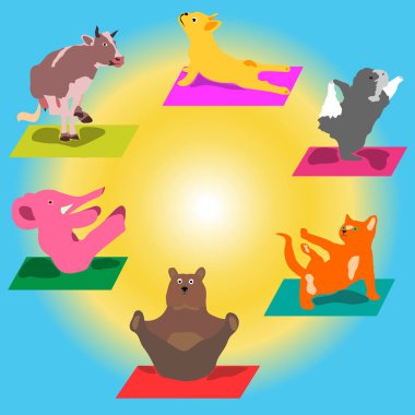Vektör el boyaması yoga duruş ile karikatür hayvanlar farklı teşkil etmektedir