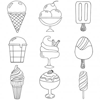 Şirin el dondurma farklı tipleri ile çekilmiş. Doodle doku tatlı tatlılar. Kafe ya da Restoran Menü için mükemmel arka plan.