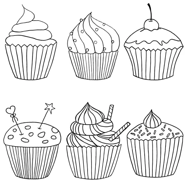 Vektör cupcake çizim. Elle çizilmiş cupcakes kümesi. Doodle kek krem ve çilek ile. — Stok Vektör