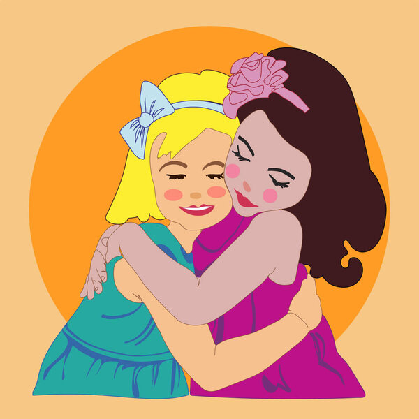 Two girls girls, hugs girlfriends, vector illustration