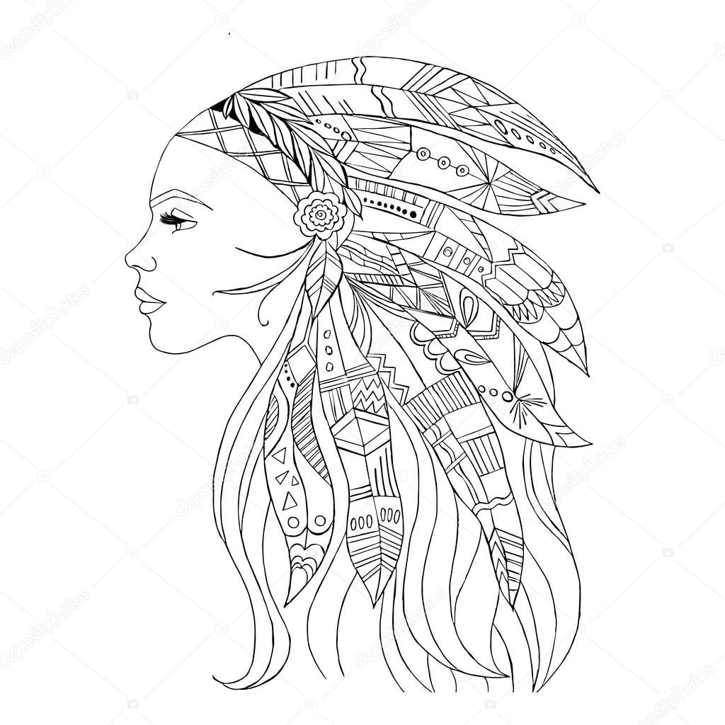 Native American Indian girl in top headgear, vector illustration