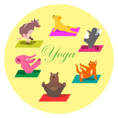 Vektör el boyaması yoga duruş karikatür hayvanlarda vücut bakımı için farklı pozlar ve ayak lotus sağlık ve fitness, sağlık ve maneviyat kavramı