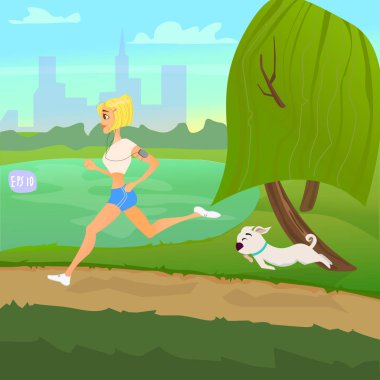 Yaratıcı tasarım sağlıklı yaşam tarzı bir konu. Kız bir Park, vektör çizim spor açık havada, köpek ile nişanlandı