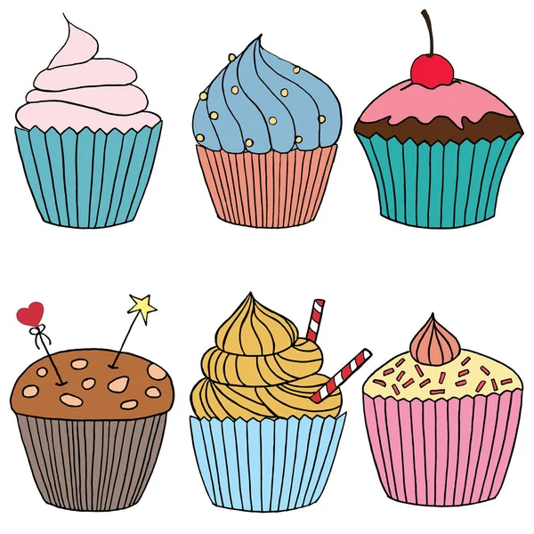 Vektor cupcake illusztráció. Kézzel rajzolt cupcakes halmaza. Doodle süteményeket tejszín és bogyók. — Stock Vector