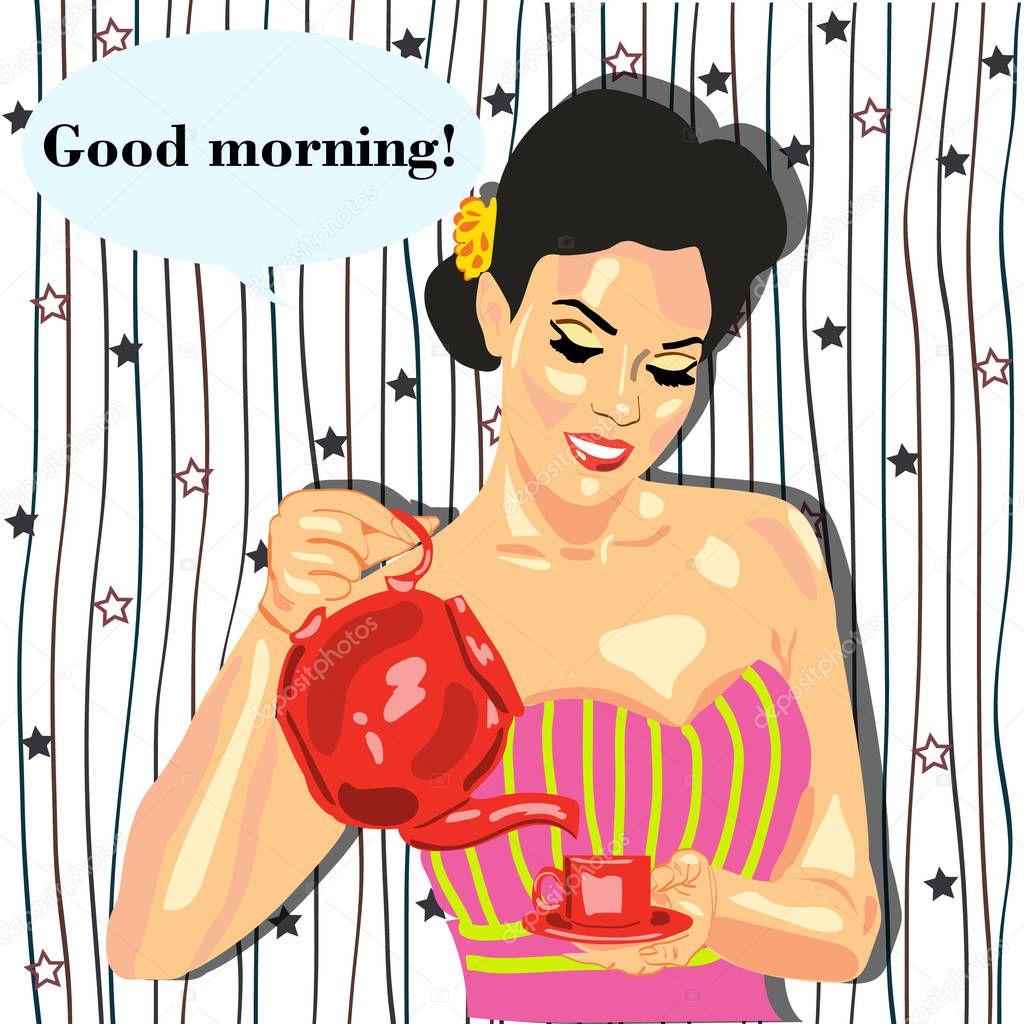 Illustration of a girl with a teapot, tea, coffee, cafe, restaurants