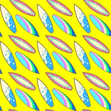 Colorful pattern, surf boards on yellow background, vector illustration clipart