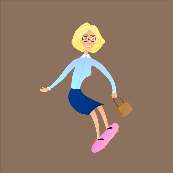 Businesswoman hurrying to work riding a skateboard, vector illustration
