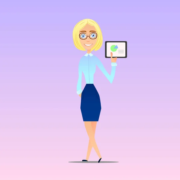 Obchodní lady ukazuje prezentace grafický tablet, vektorové ilustrace — Stockový vektor