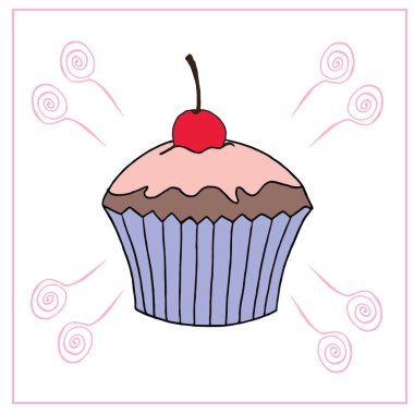 Vektör cupcake çizim. Elle çizilmiş cupcakes kümesi. Doodle kek krem ve çilek ile.