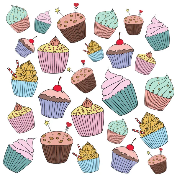 Ilustração Cupcake Vetorial Conjunto Cupcakes Desenhados Mão Bolos Doodle Com — Vetor de Stock