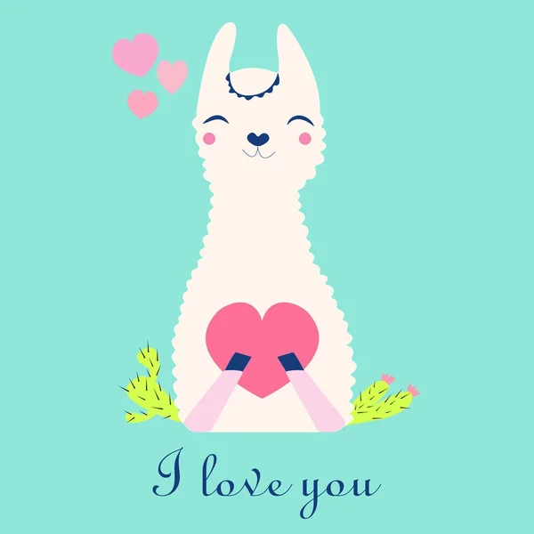 Postcard Image White Llama Holding Heart Birthday Day All Lovers — Stock Vector