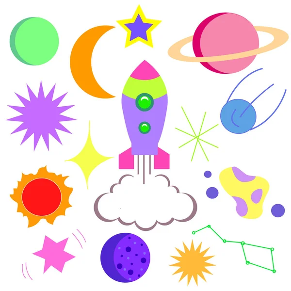 Espacio Brillante Tarjeta Con Imagen Cometa Estrellas Cohetes Planetas Ilustración — Vector de stock
