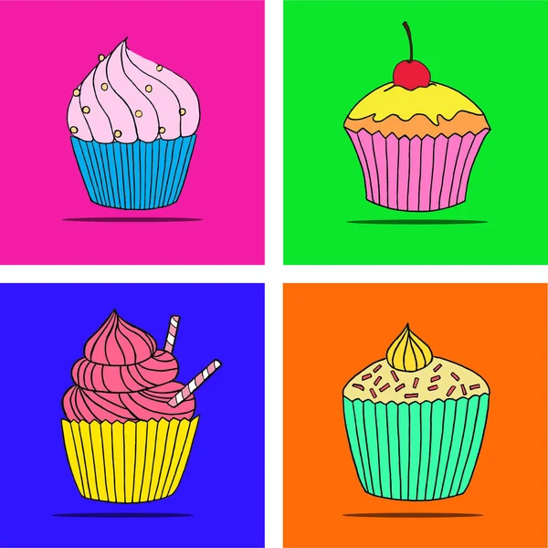 Vektor Cupcake Illusztráció Kézzel Rajzolt Cupcakes Halmaza Doodle Süteményeket Tejszín — Stock Vector